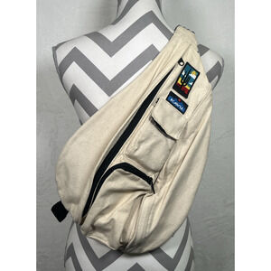 Kavu Rope Sling Bag Oatmeal In Color With Black Lining Patches Benefits Charity